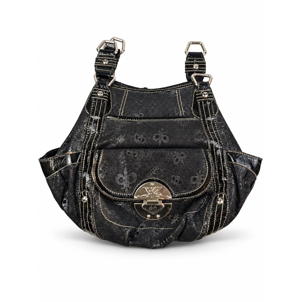 Kathy Van Zeeland Vintage Y2K Black Metallic Logo Patent Shoulder Bag